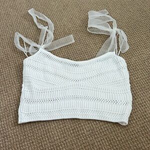 White knit bow shoulder crop top
